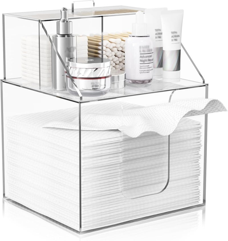 TAINESS Disposable Facial Towels Storage Box Compatible with Clean Skin Club Clean Towel XL - Cotton Pads - Swabs Upgraded Double Layer Acrylic Storage Container Face Towel Holder (Glossy Clear) - Image 1